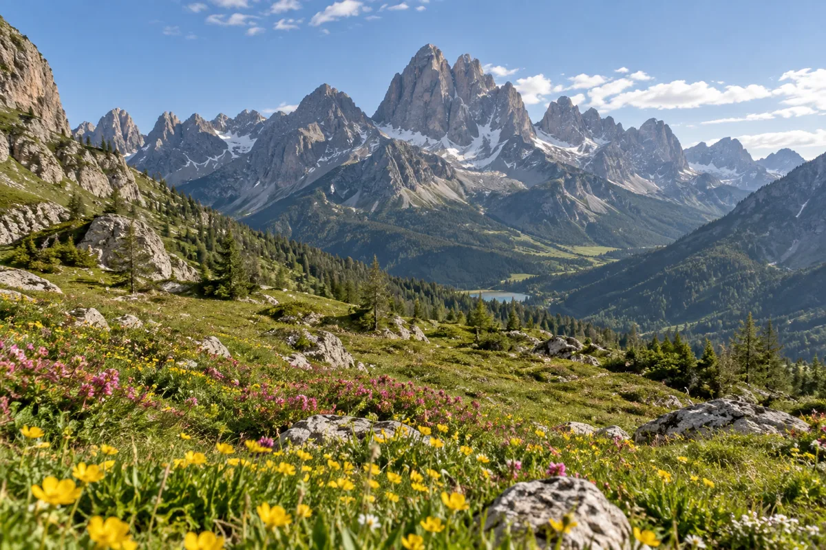 Alpengipfel über einer Blumenwiese