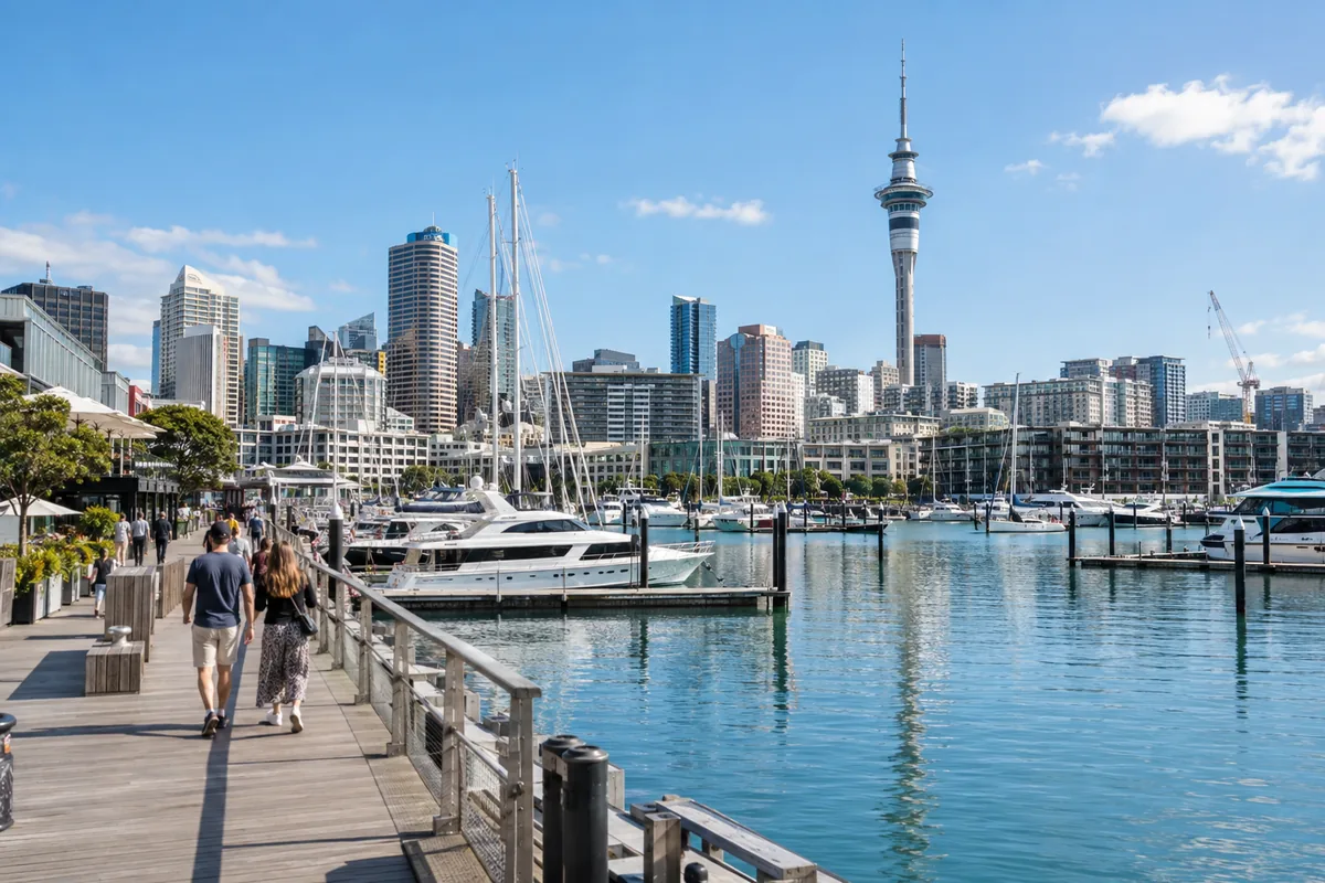 Boote im Aucklander Hafen mit Skyline und Sky Tower