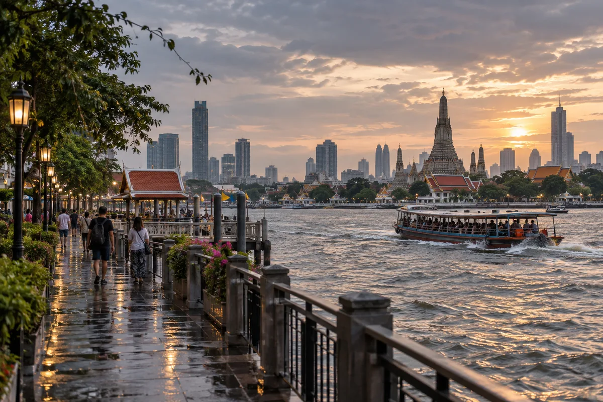 Boot auf dem Chao Phraya und Tempelarchitektur im Abendlicht