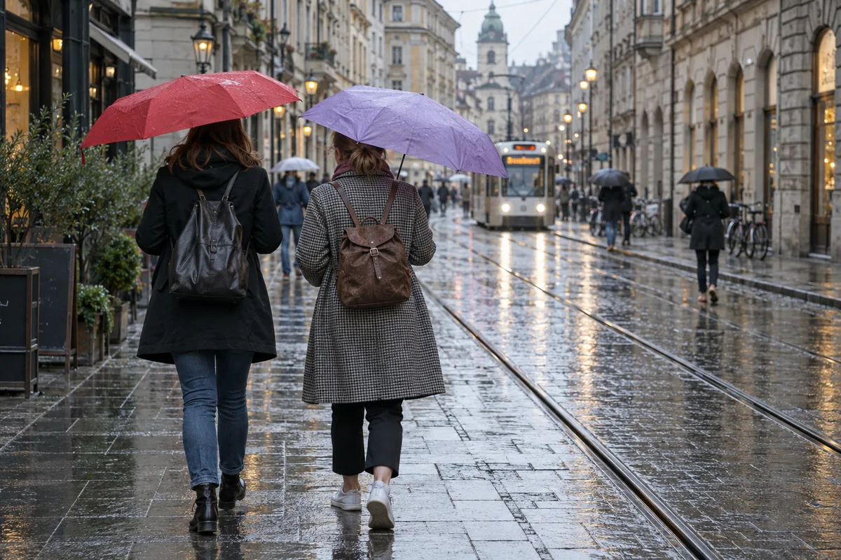 Menschen mit Regenschirmen auf einer regennassen Straße