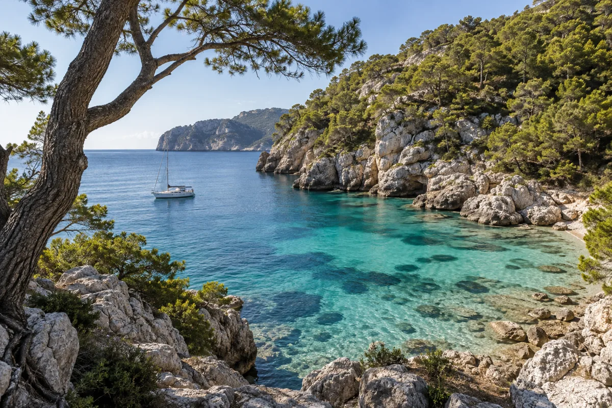 Türkisblaue Bucht mit Felsen und Bäumen
