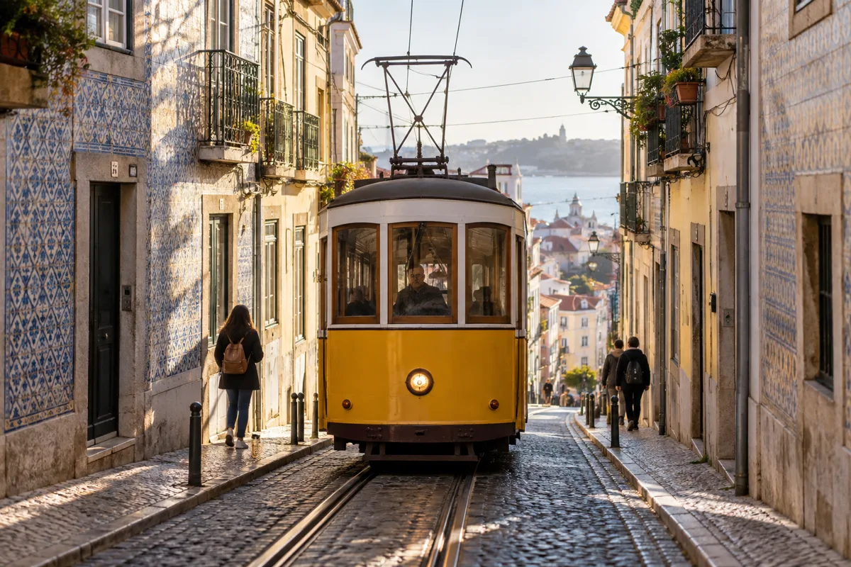 Gelbe Straßenbahn in einer sonnigen Stadtstraße
