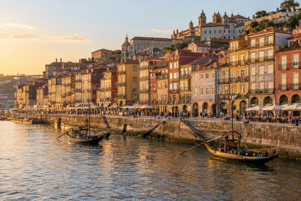 Warme Häuserfassaden am Douro mit Booten im Abendlicht