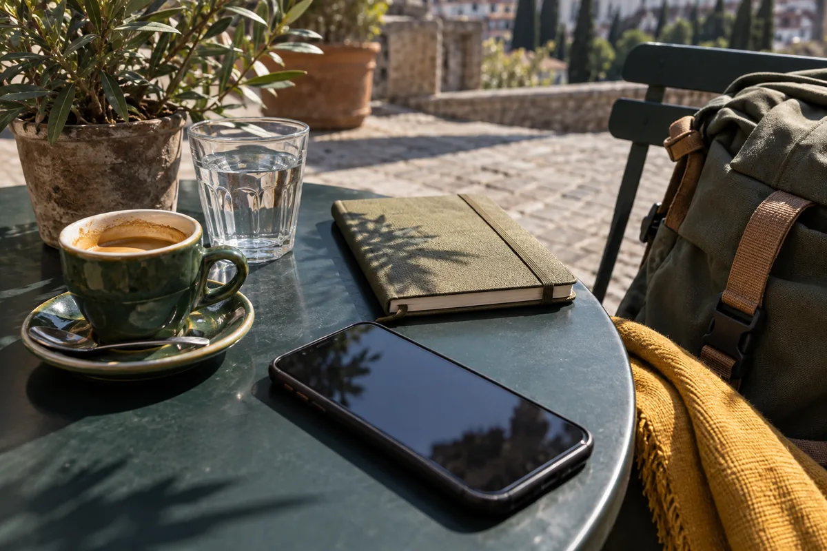 Smartphone und Reiseutensilien auf einem Cafétisch