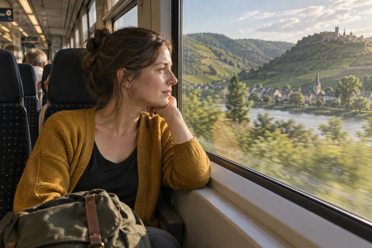 Eine Reisende im Zug am Fenster